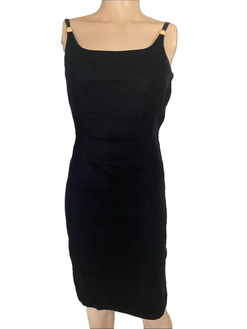 Scott McClintock Vintage Black Velvet Midi Dress with Gold Accent Straps. Gb3
